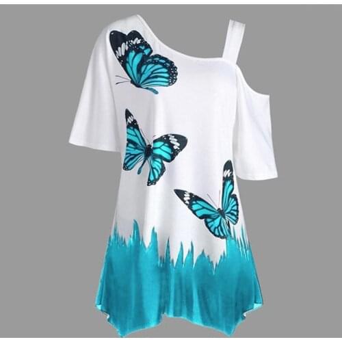 Summer Blouses Women Butterfly Printed Tee One Shoulder Irregular Top Female Plus Size Loose Tee Top Streetwear