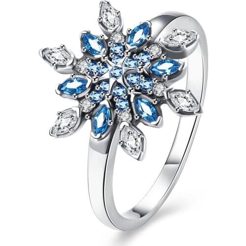 Fashion New sterling-silver-jewelry Classic Crystalized Snowflake Rings Women 925 Sterling Silver Blue & Clear Crystals Ring