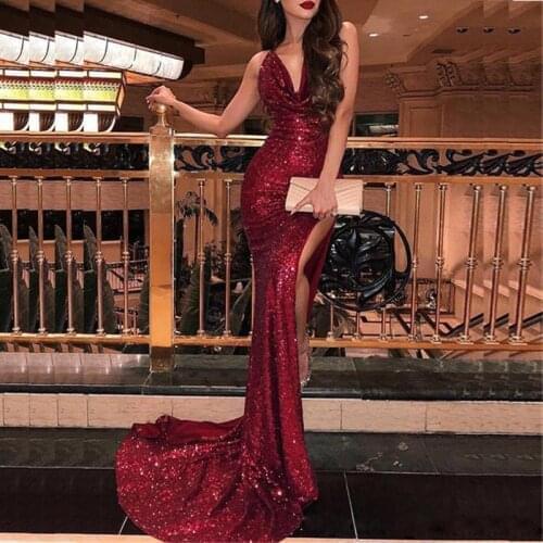 Gorgeous Sexy High Slit Red Formal Evening Dresses Lady Sleeveless Sequins V Neck Skinny Slim Cocktail Party Gown Classical Robe