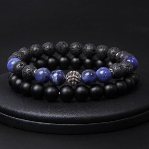 2pcs/set Men Bracelet Natural Stone Sodalite Tiger Eye Beads Bracelet Fashion Yoga Tiger Eye Lava Beaded Bracelet for Women Men