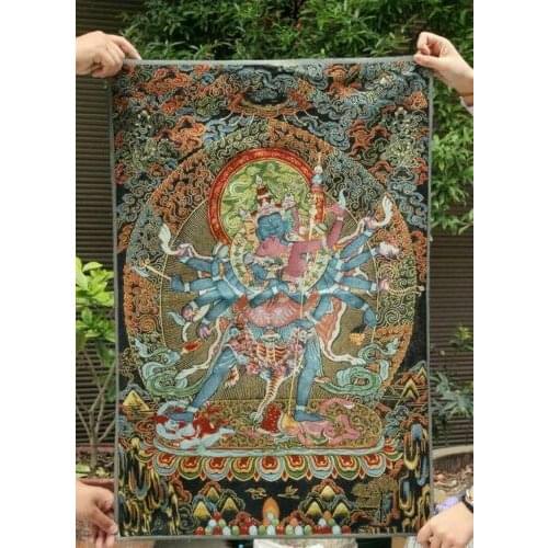 36" Tibet Buddhism Silk Cloth Buddha Yamantaka Buddha Thangka Embroidery Mural