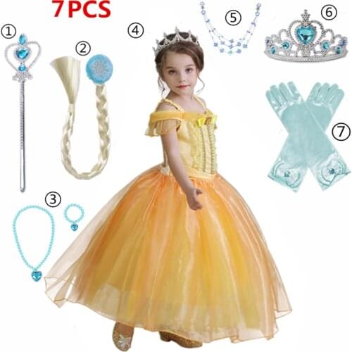7 PCS Accessories Princess Costume 2021 Summer Party Cosplay Mesh Dress For 4-10 Years Girls Birthday Performance Choth For Kids