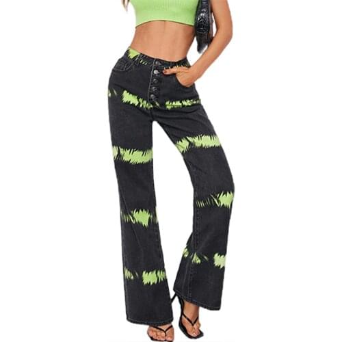 Female Denim Jeans Woman Printed High Waist Trousers Straight-Leg Pants Loose Pants for Spring Fall, Black, XS/S/M/L