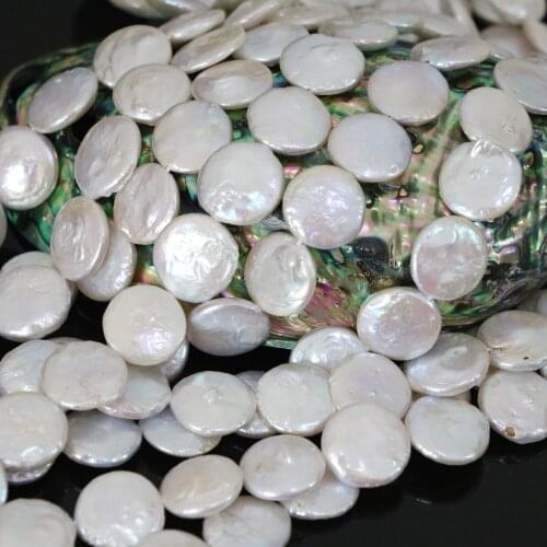 Classic Fashion 14mm White Coin Natural Freshwater Pearl Round Cake Wholesale Retail Loose Beads for Women Jewelry 15inch B1356