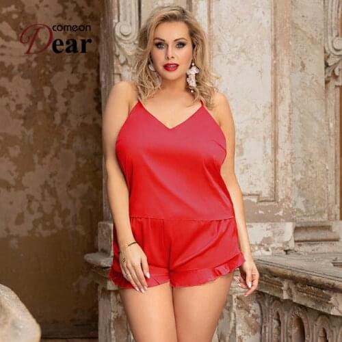 Comeondear Women Sexy Pajama Set Ice Silk Strap Shorts 2PCS Hot Summer Lady Plus Size Sleepwear Casual Nightgown RA80958