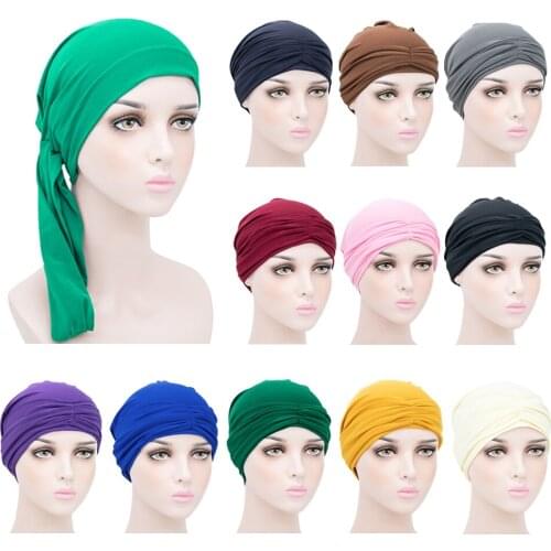 Muslim Women Hijab Tube Turban Underscarf Long Tail Bonnet Ninja Hair Loss Headwear Wrap Pleated Chemo Hat Beanie Islamic Caps