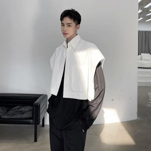 2021 summer korean style Personality sleeveless design shirts men casual loose short section shirts for men