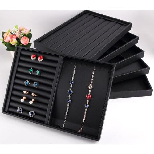 Latest Black PU Leather Jewellery Display Jewelry Holder Earring Box Ring Necklace Organizer Pendant Bracelet Watch Storage Tray