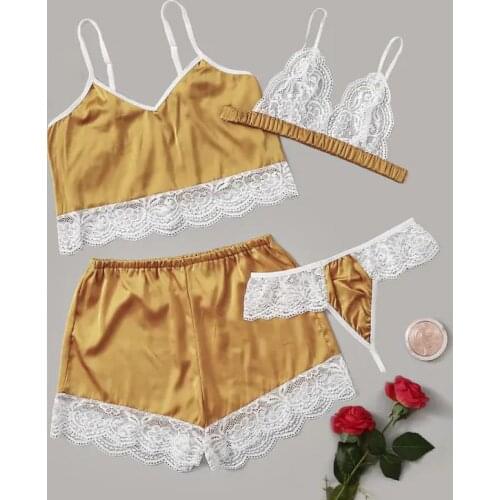 Women Sexy Lace Pajamas Set Summer V-collar Pajamas Women Sleepwear 4pcs Set