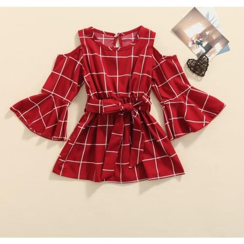FOCUSNORM 2-7Y Autumn Lovely Kid Girls Dress Off Shoulder Plaid Printed Ruffles Long Flare Sleeve Elastic A-Line Dress With Belt