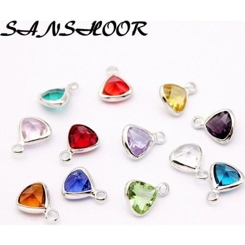 SANSHOOR 8mm 12 Months Colorful Triangle Crystal Birthstone Dangles Charms Fit Diy Pendant Necklace and Bracelet For Women Gift