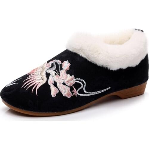 Autumn Winter Women Warm Cotton Flat Ladies Lace Up Comfort Casual Flats Retro Wave Crane Embroidered Shoes Woman