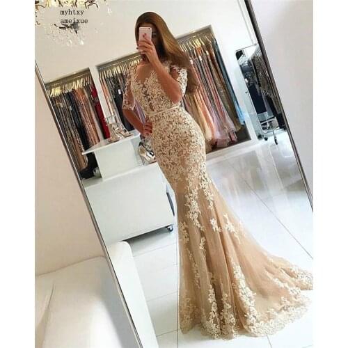 Champagne Scoop Half Sleeves Sweep Sexy train Backless Covered Button Lace Evening Dresses Vestidos De Fiesta De Noche Cheap