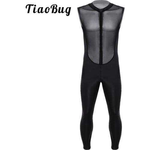 TiaoBug Adult Black Wetlook Patent Leather Sheer Mesh Splice Zipper Crotch Leotard Bodysuit Men Jumpsuit Zentai Club Costume