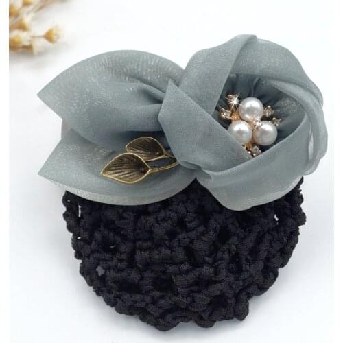 High-grade Handmade Cloth Flower Pearl Hair Clip Hairpins Stewardess Bank Hotel Staff Net Bun Snood Elegant Girls Accessories