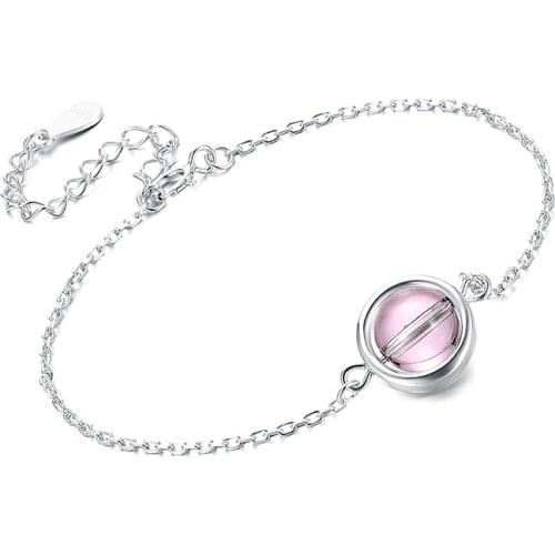 ZEMIOR Real 925 Sterling Silver Womens Bracelet Rotatable Ball Orange Austria Crystal Charm Bracelets Trendy Silver Jewelry