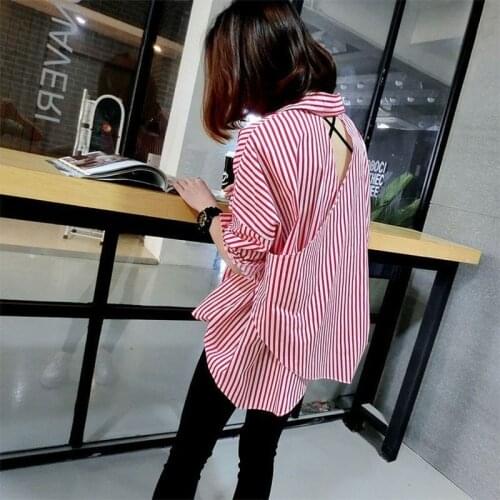 Spring New Halter Cross Hollow Korean Version of The Vertical Striped Long-sleeved Shirt Women Loose Wild Striped Shirt Women