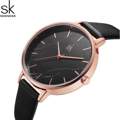Shengke Watches Women The New Quartz Movement Fashion Black Dial Leather Female Watch Thin Casual Simple Strap Watch K0137