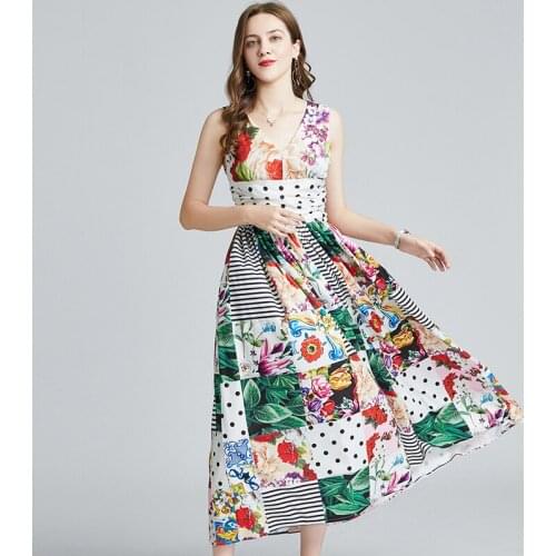 Summer Fashion Designer Women Vacation Maxi Dress Elegant V-Neck Sleeveless Runched Floral Print Spaghetti Strap Party Dress