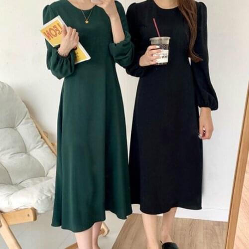 Women Autumn Elegant Dark Green Long Dress Puff Sleeve A- Line Midi Vestidos with Belt Robe Femme Jurken Sukienki Ropa Mujer