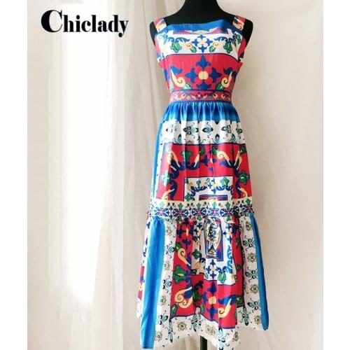 CHICLADY 2021 Summer Runway Fashion Womens Vintage Red Blue Flower Printed Ruched Midi Spaghetti Strap Robe Femme Ete Festival