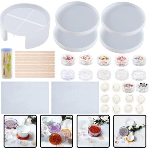 1 Set Round Square Coaster Silicone Mold Kits DIY Epoxy Resin Coaster Storage Box Resin Mold Handmade Crystal Coasters Moulds