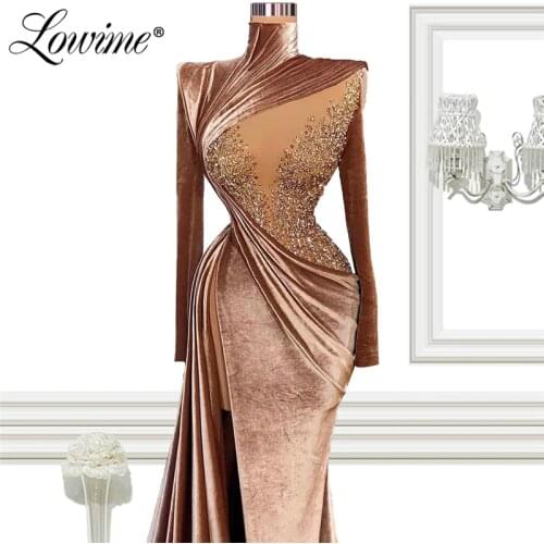 2 Design Dubai Long Sleeves Velvet Formal Long Evening Dresses 2021 Couture Mermaid Party Gowns Arabic Beading Prom Dresses Robe