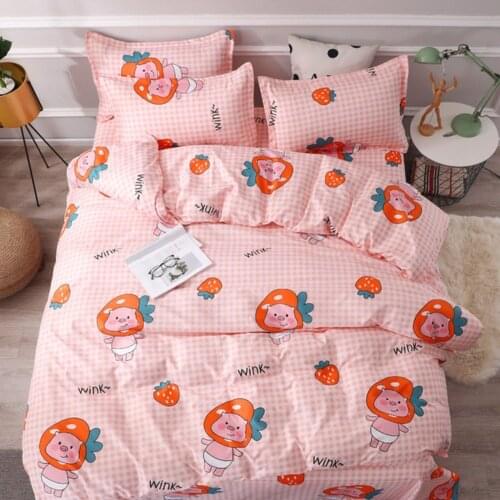 4pcs Pink Strawberry kawaii Bedding Set Luxury Queen Size Bed Sheets Children Quilt Soft Comforter Cotton Bedding Sets For Girl