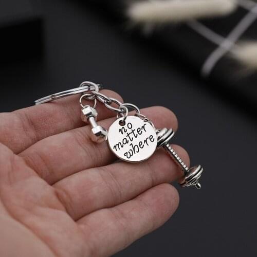 Bodybuilding Keychain Jewelry Barbell Dumbbell Pendant Key Chain no matter where Engraved Disc Charm Key Ring Car Key Holder