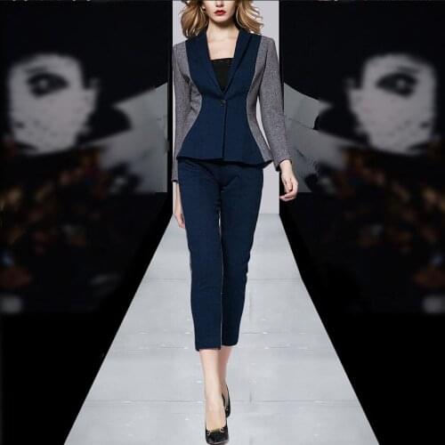Formal Business Work Wear Suits Womens Blue Color Block Office Uniform Designs Women Pants Suit Spring 2017