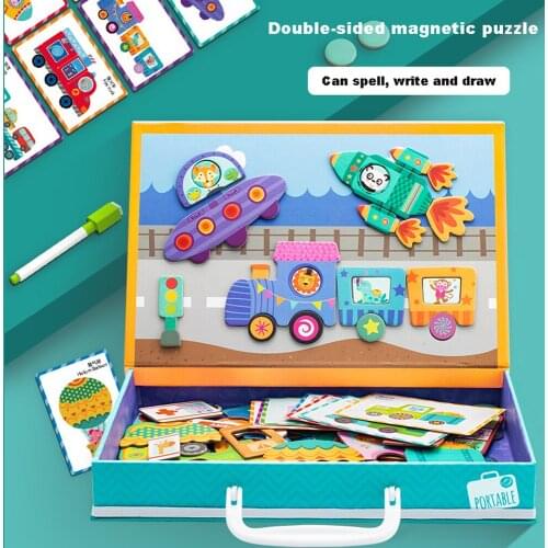 Kids Magnetic Puzzle Jigsaw Traffic Change Face Game Double-Sided Drawing Board Baby Early Education Creative Toys For Children