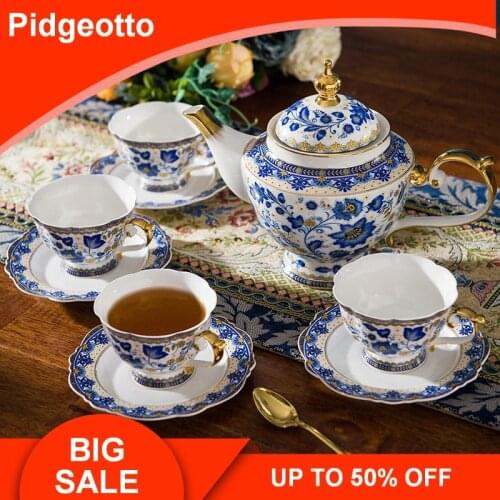 Enamel Bone China Drinkware Ceramic Blue and white Coffee Cup Mug With Milk Teapot Saucer Spoon Gold Plated Shelf Kit Set