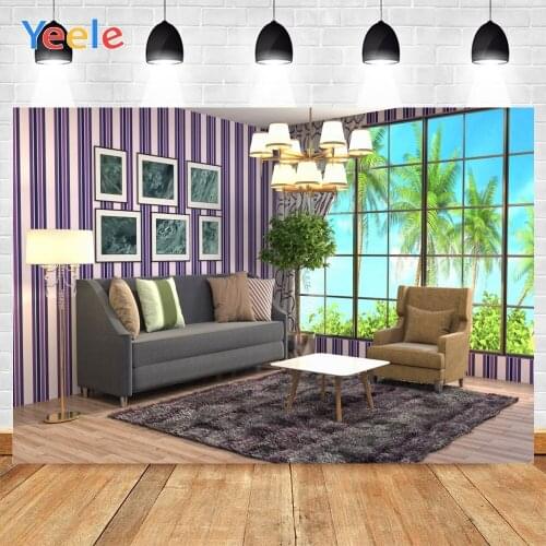 Yeele Indoor Purple And White Stripes Big Window Gray Sofa Background Photophone Photography Backdrops for Decor Customized Size