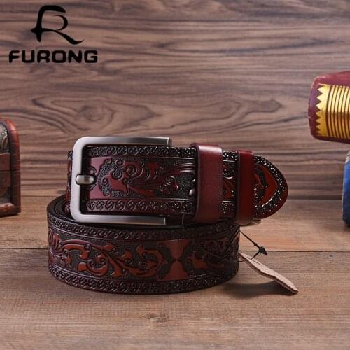 FURONG New Men Retro Men Belt Embossing Business Belts Real Leather Waistband Ceinture De Luxe Pasek Do Spodni R066