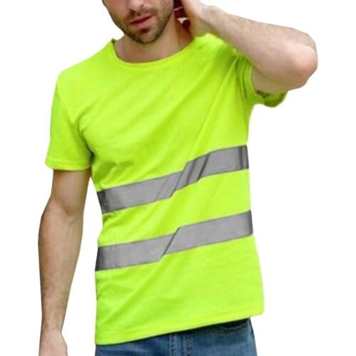 Men T Shirt Striped Patchwork Reflective Work T Shirt Short Sleeve O Neck Shirts Male Casual Slim Fit Men Clothing