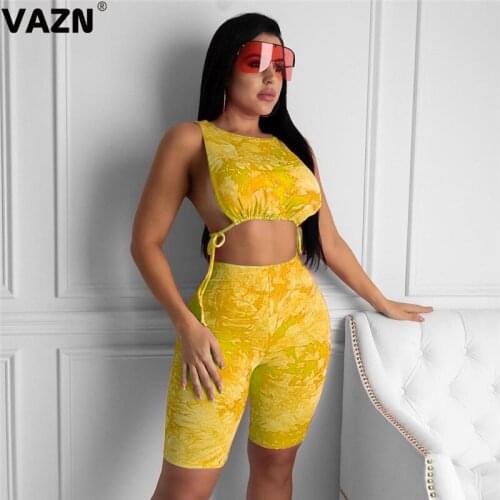 VAZN 2020 Summer Hot Outspoken Sexy Beach Hollow Out Young Bandage Mini Tank Group High Waist Knee Length Slim Women 2 Piece Set