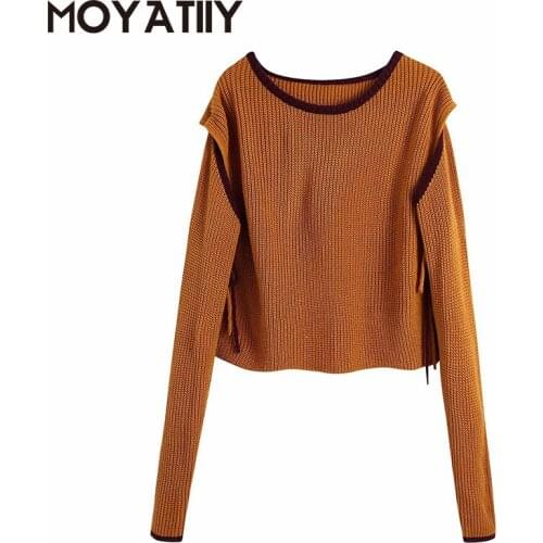 MOYATIIY Fashion Women Spring Autumn Sweaters Folk-custom Highstreet Pullovers Creative Long Sleeve Flax Crop Top with Lace Up