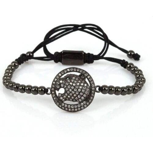 Mens Bracelets Antique Black Plated Leopard Head Bracelet Micro Pave White Zirconia Charm 4mm Beads Macrame Bracelete Masculino