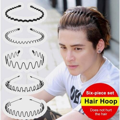 6pcs Sports Hairstyle Accessories Slicked Back Black Wavy Headband Jagged Spring Fashion Spiral Metal Hair Hoop Unisex Simple