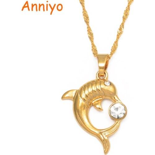 Anniyo Charm Dolphin Pendant Necklaces Women Gilrs Gold Color Marine Animals Jewelry With Rhinestone PNG Gifts #015616