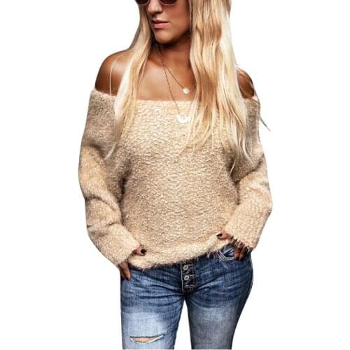 2020 Autumn And Winter New Womens Sweater Sexy One-neck Off-the-shoulder Plush Long-sleeved Sweater High Street Em