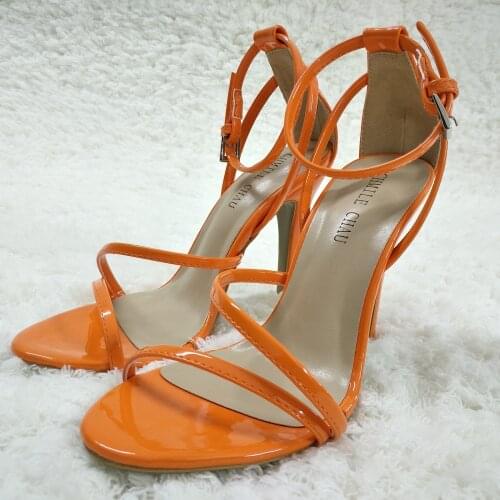 Sexy Orange Patent Sandals High Heel Bridals Dress Party Women Sandal Summer Popular New Open Toe Ankle Strap Stiletto 10cm Heel