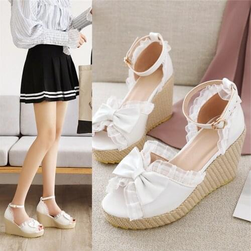 Womens Sandals Platform Wedges Big Size High Heels Summer Shoes Peep Toe Ankle Strap Bow Ladies Sandals Sweet Lolita Shoes White
