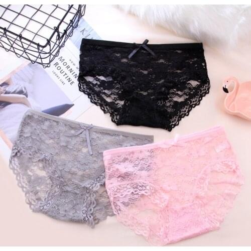 Sexy Lace Panties Transparent Floral Briefs Soft Breathable Underwear Women Bow Panty Hollow Out Lingerie Panty Calcinha W0063