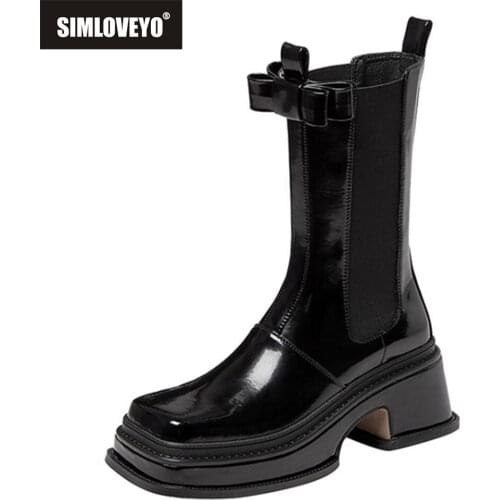 SIMLOVEYO Patent Leather Gothic Black Boots Bow-knot Women Heel Sexy Chunky Heel Platform Boots Mid calf boots Female Elastic