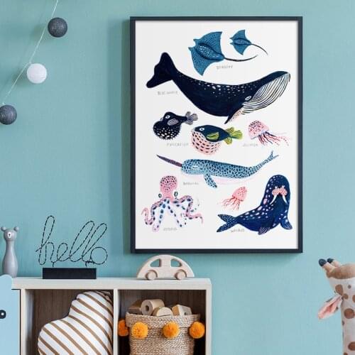 Modern Poster Sea Ocean Animal Fishes Pints Wall Art Canvas Painting Natural Picture for Kids Room Nursery Home Wall Art Decor