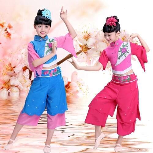 Girls Embroidery Dance Wear Chinese Folk Dance Costumes Children Fan Yangko Classical Dance Stage Performance Clothing