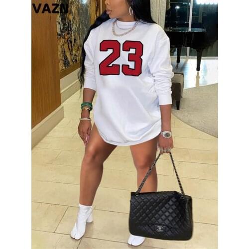 VAZN 2021 Spring Hot Pure White Letter Simple Daily Young Casual Round Neck Full Sleeve Womens Slim Straight Mini Dress