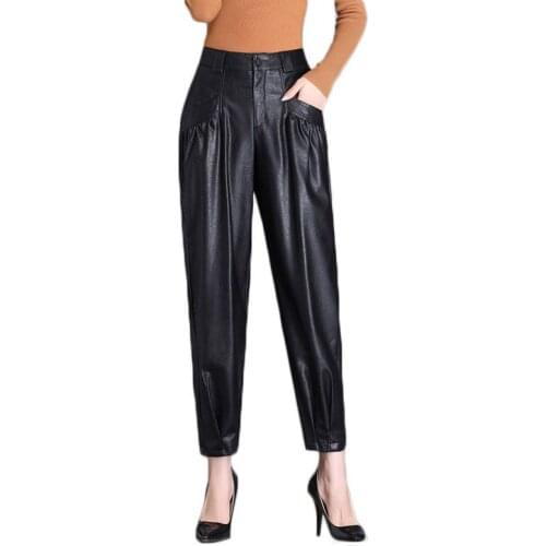 Autumn Women PU Leather Pants Fashion High Waist Faux Leather Harem Pants Ladies Trousers Pockets Bottoms Streetwear Pants Mujer