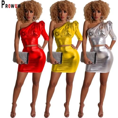 Prowow Office Lady Matching Suits One Sleeve Folds Crop Top Skirt Two Piece Women Clothing Set Solid Female Steetwear Outfits